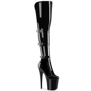 Patent 20 cm FLAMINGO-3018 high heeled thigh high boots with buckles black