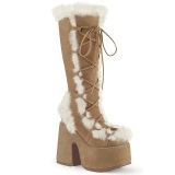 Fur brown 13 cm CAMEL-311 chunky heel platform boots