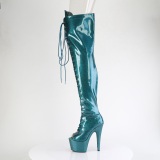Glitter 18 cm PEEP TOE Teal thigh high boots with laces high heels