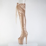 Glitter 20 cm PEEP TOE Golden thigh high boots with laces high heels
