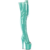 Glitter 20 cm PEEP TOE Green thigh high boots with laces high heels