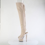 Vegan 18 cm SPECTATOR-3030 beige high heeled thigh high boots open toe with lace up